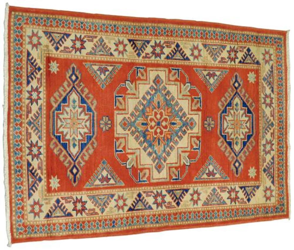 Appraisal: RUG Uzbek Kazak ' x ' red field cream angular