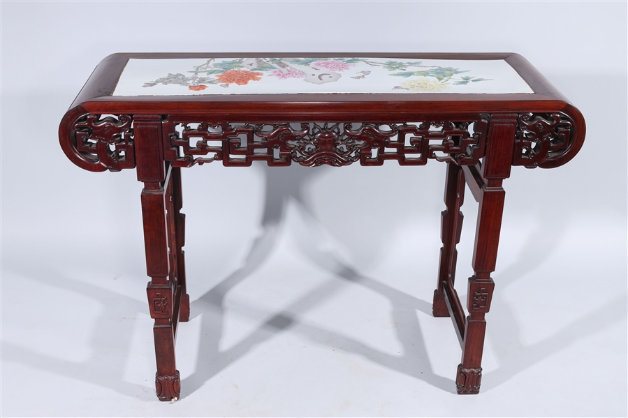 Appraisal: Chinese carved hardwood altar table inset with famille rose enameled