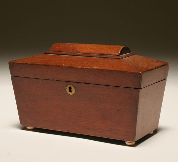 Appraisal: English tea caddy bone feet brass escutcheon raised domed lid