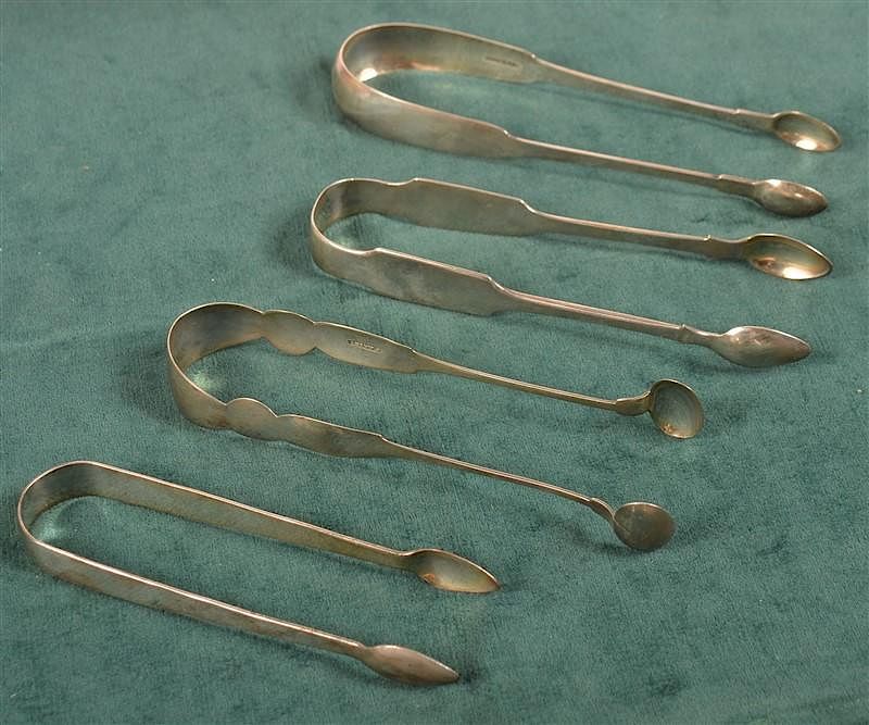 Appraisal: Four Antique Coin Silver Sugar Tongs Four Antique Coin Silver