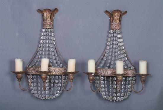 Appraisal: FOUR NIERMANN WEEKS IRON AND CRYSTAL THREE-LIGHT WALL SCONCES th