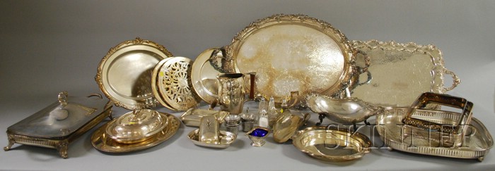 Appraisal: Approximately Twenty-five Silver Plated Serving Pieces including trays pitcher two