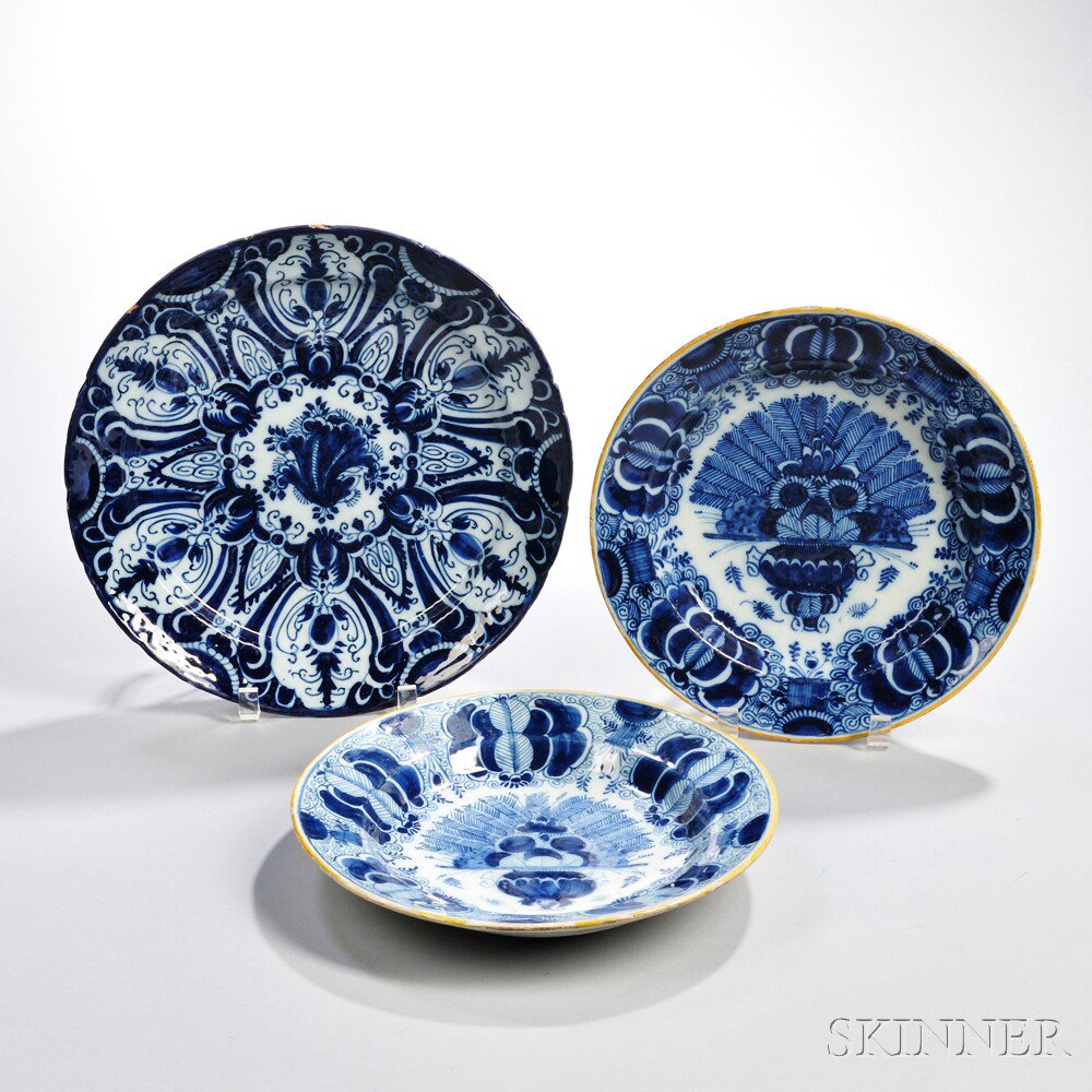 Appraisal: Three Dutch Delftware Blue and White Dishes Holland th century