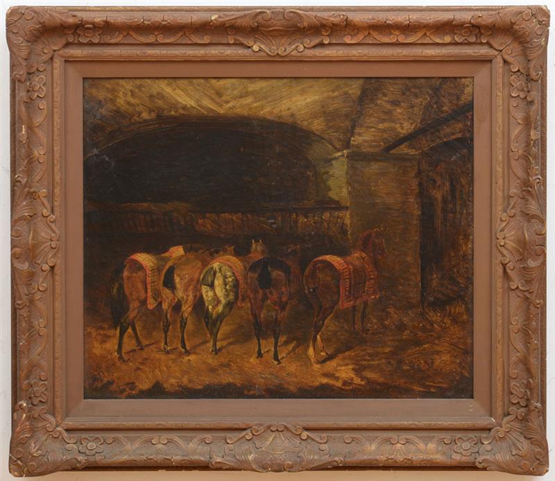 Appraisal: EUROPEAN SCHOOL STABLE INTERIOR WITH HORSES Oil on canvas unsigned