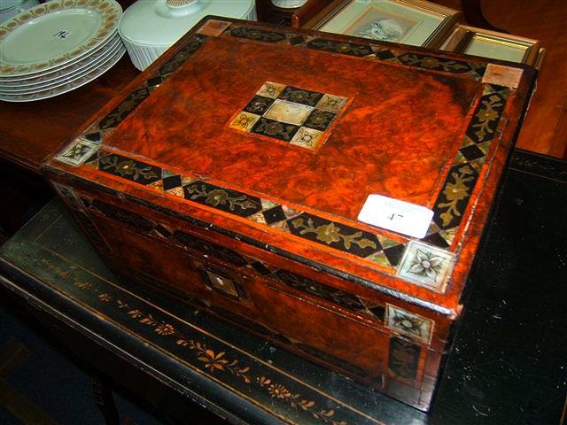 Appraisal: A Victorian burr walnut work box with ebony brass mother