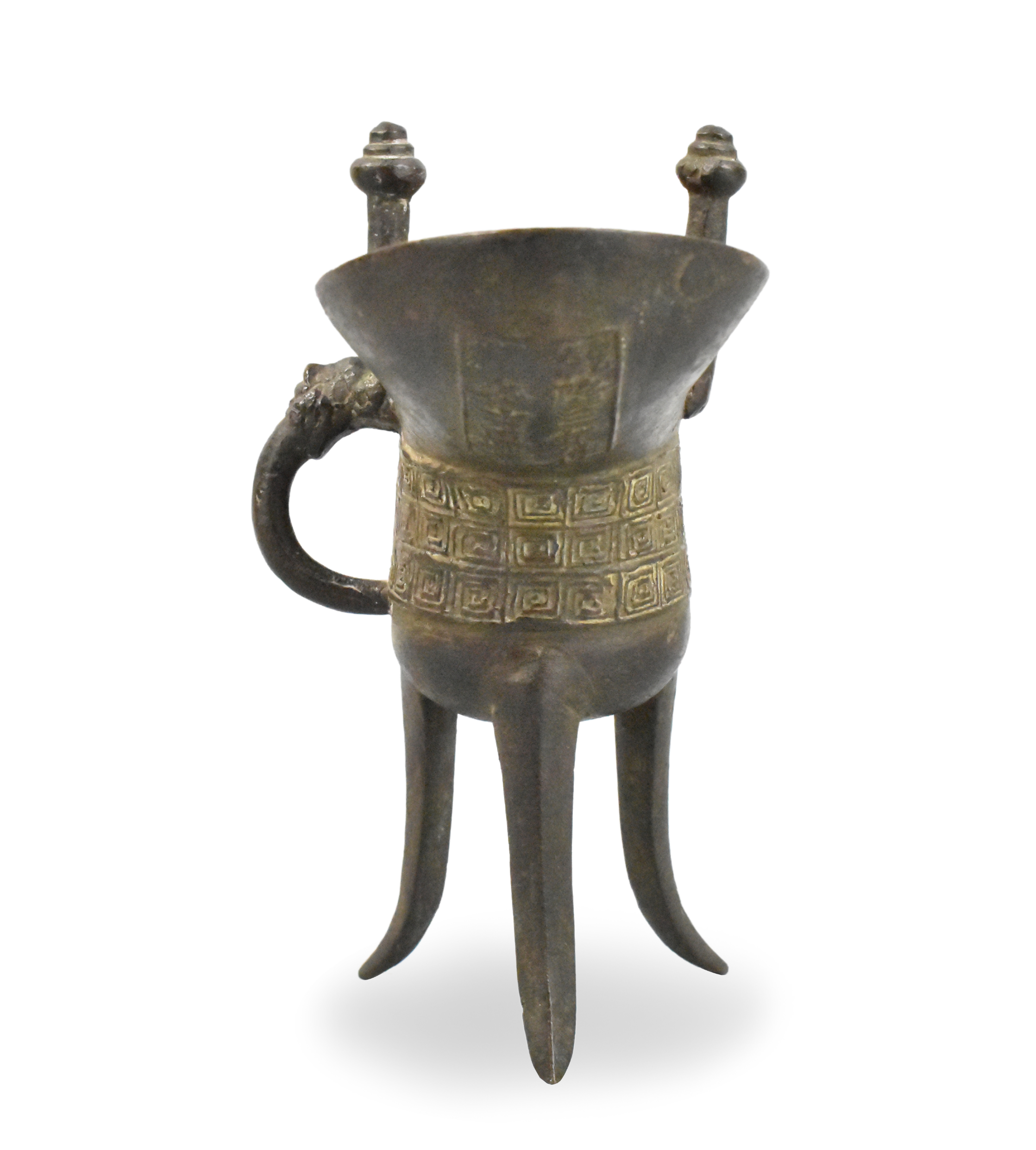 Appraisal: A Chinese bronze jue wine vessel with incised decoration dating