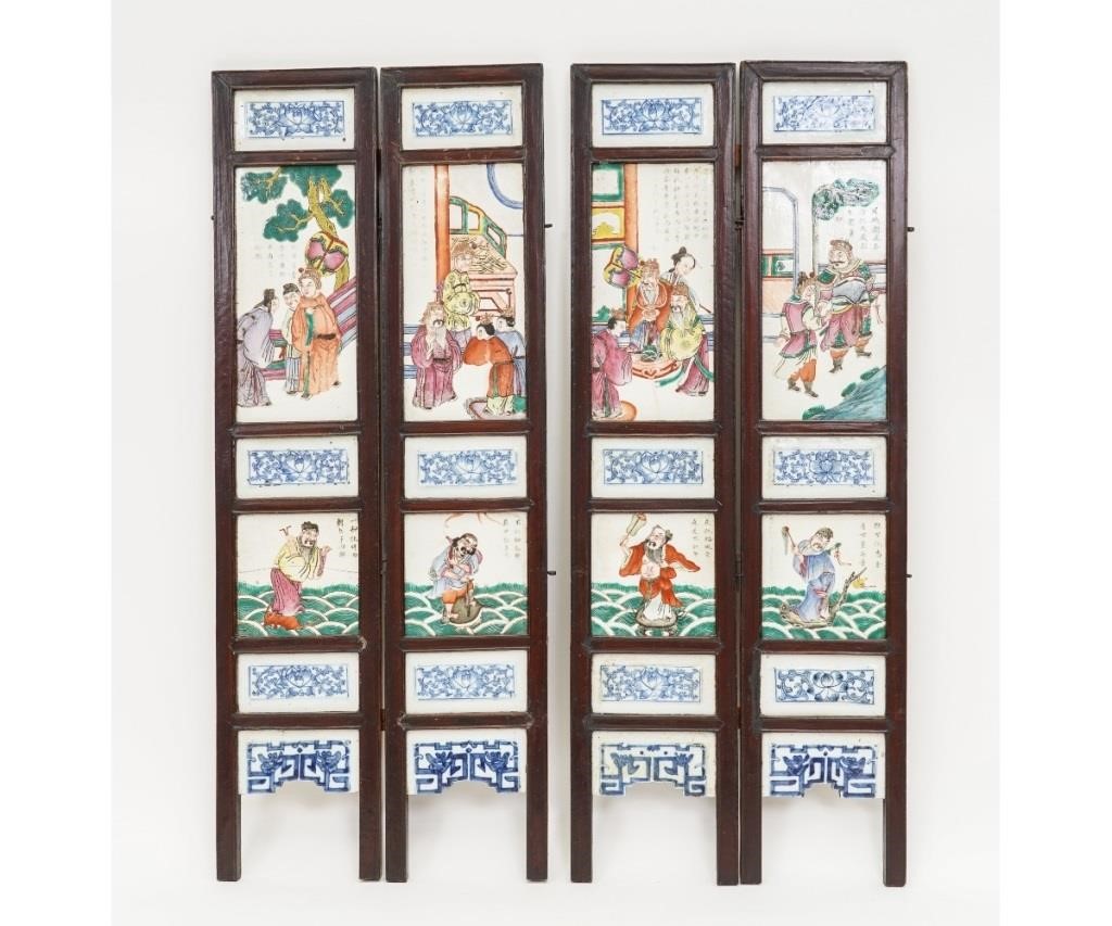 Appraisal: Four small Chinese wood framed panels each with colorful porcelain