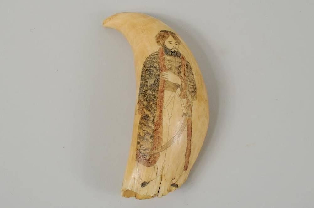 Appraisal: Scrimshaw Whale's Tooth Scrimshaw whale's tooth depicting a foreign gentleman