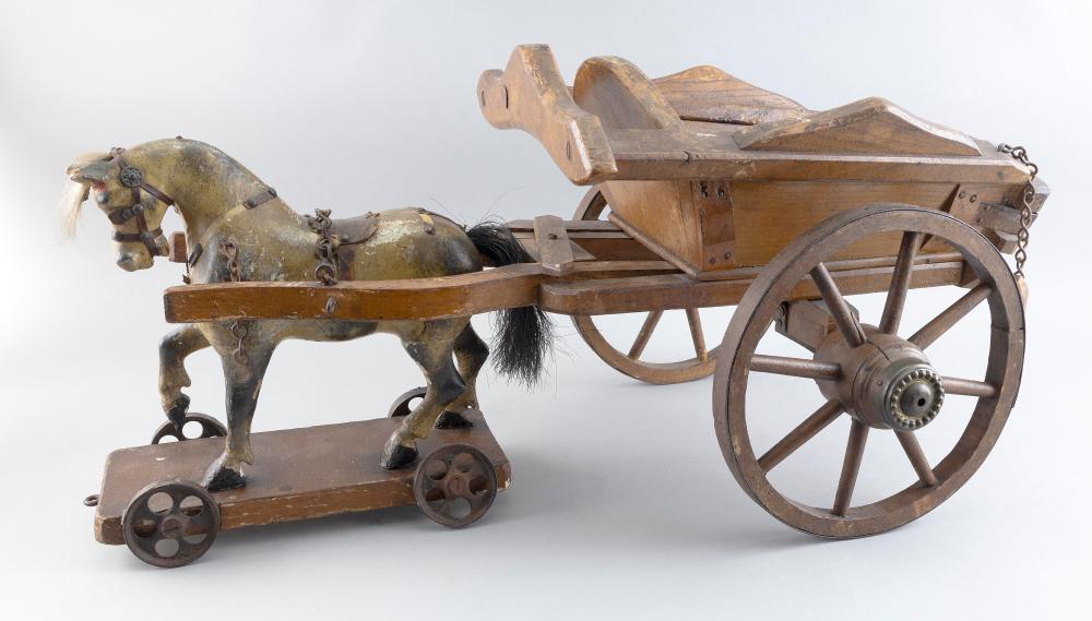 Appraisal: CHILD S WOODEN HORSE AND CART PULL TOY TH CENTURY