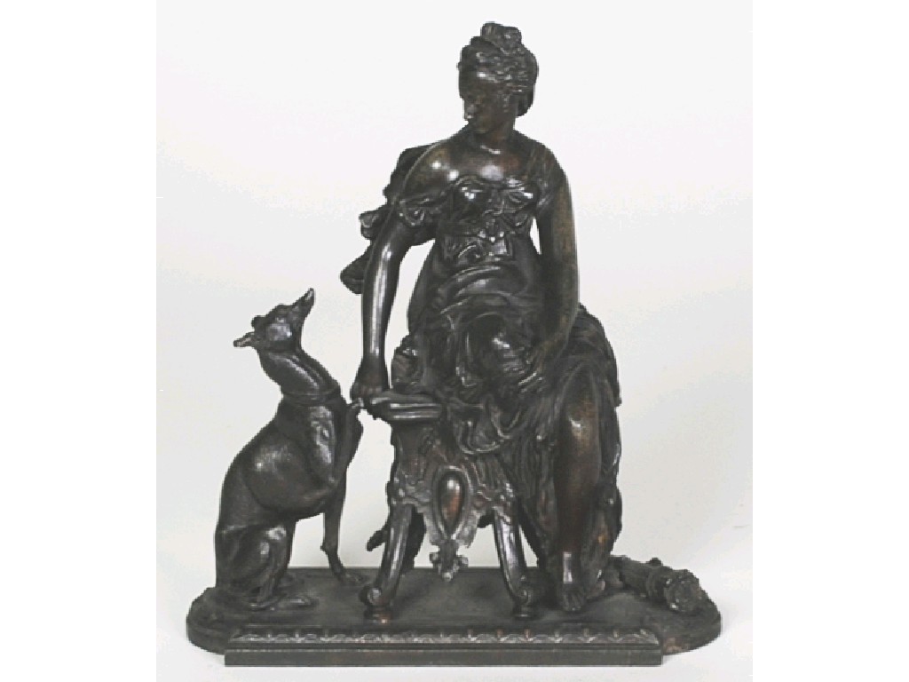 Appraisal: SPELTER GROUP OF DIANA THE HUNTRESS modelled seated beside a