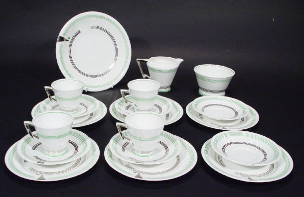 Appraisal: Bridgwood Art Deco bone china four place teaset with silver