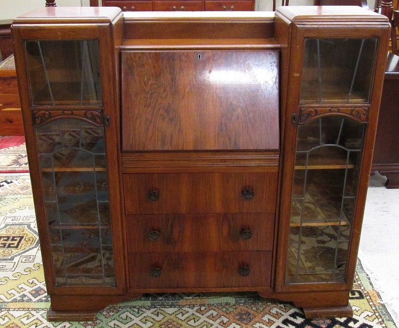 Appraisal: MAHOGANY AND BURL WALNUT SECRETARY BOOKCASE English mid- th century