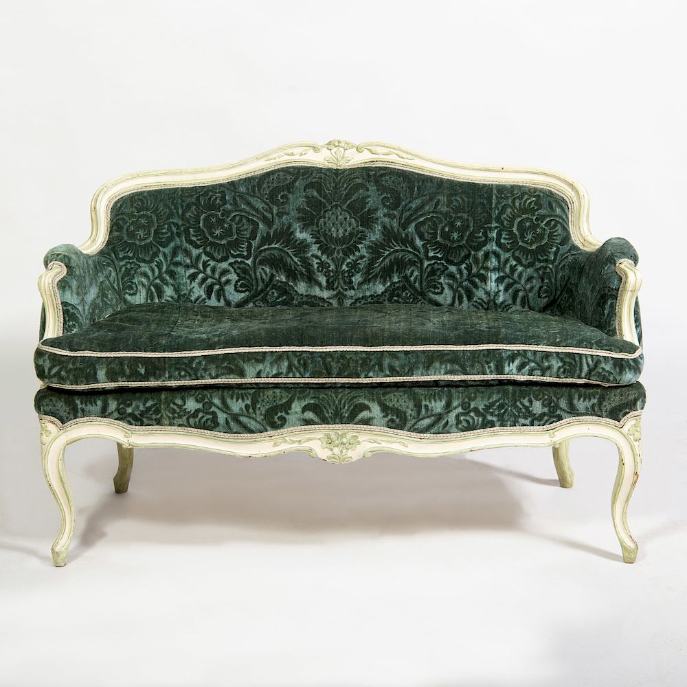 Appraisal: Louis XV Style White Painted Canap Upholstered in green cut