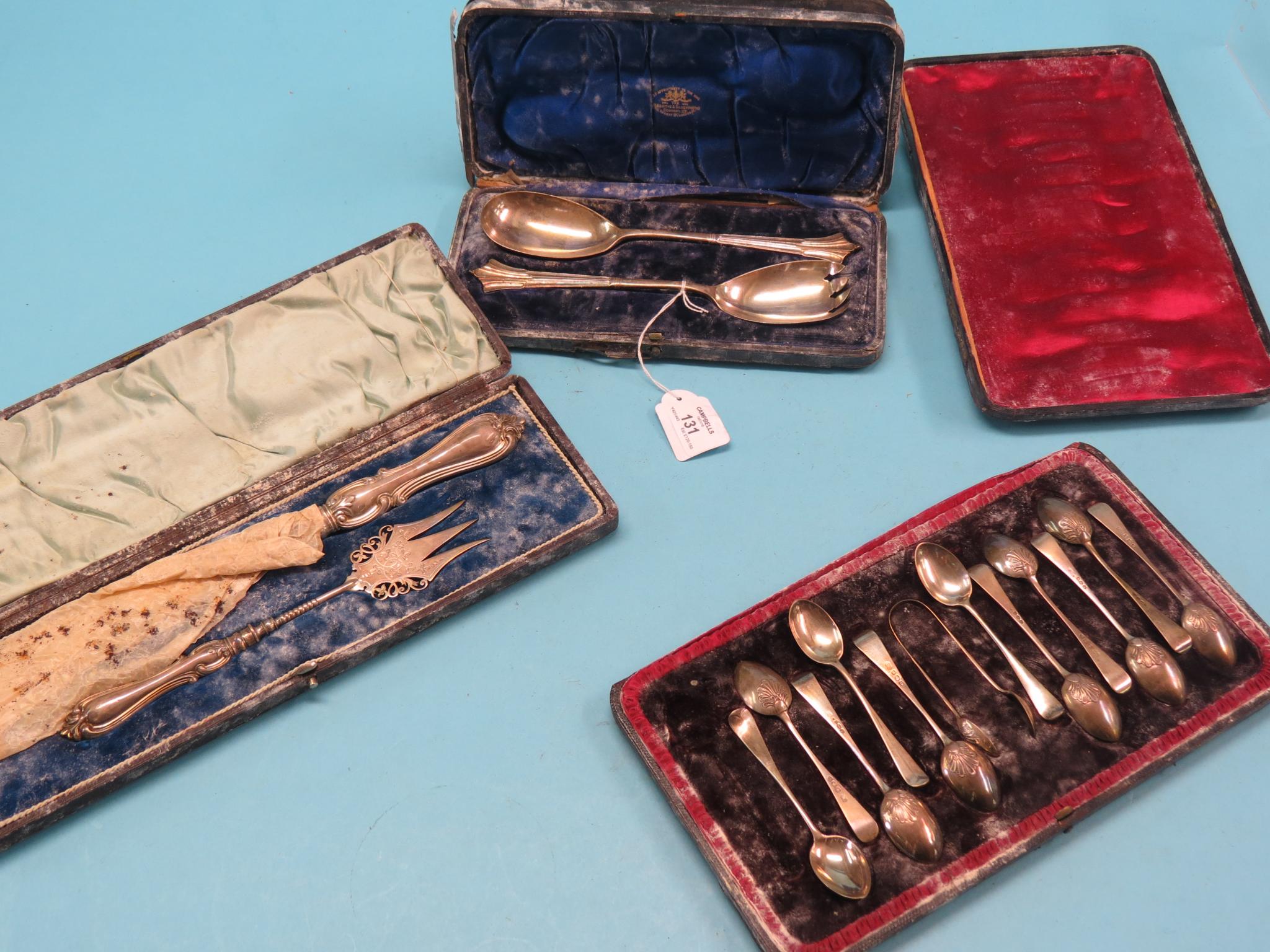 Appraisal: Three cased sets of silver cutlery pair of salad servers