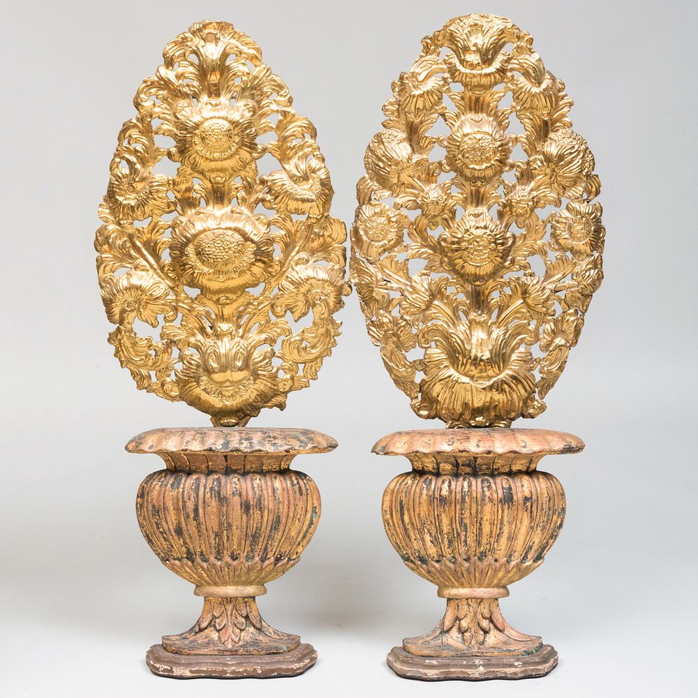 Appraisal: Pair of Continental Baroque Brass Repouss Floral Sprays Raised on