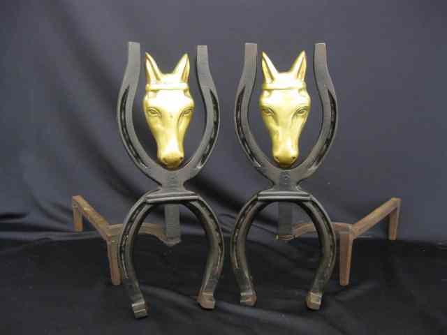 Appraisal: Pair of Figural Brass Iron Andirons horse head horseshoe decor