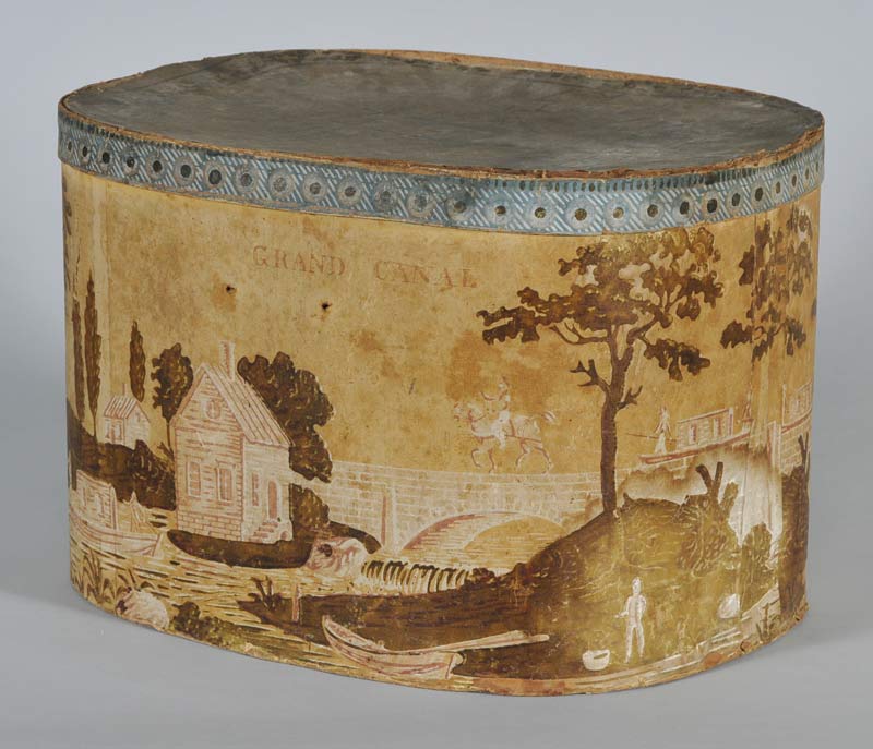 Appraisal: Federal Hat Box with Wallpaper Decoration Grand Canal x x