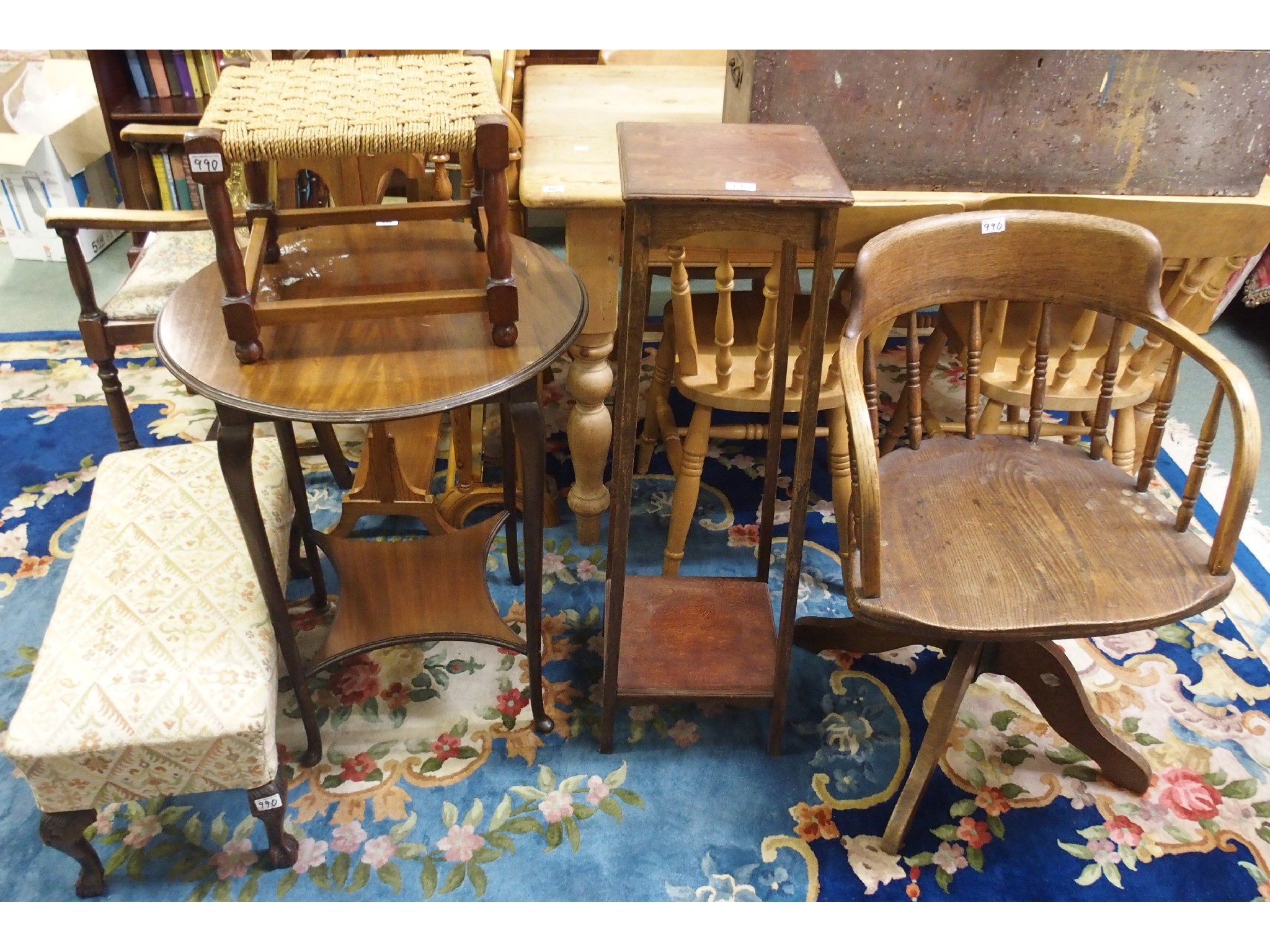 Appraisal: An oak office swivel chair two footstools a round occasional