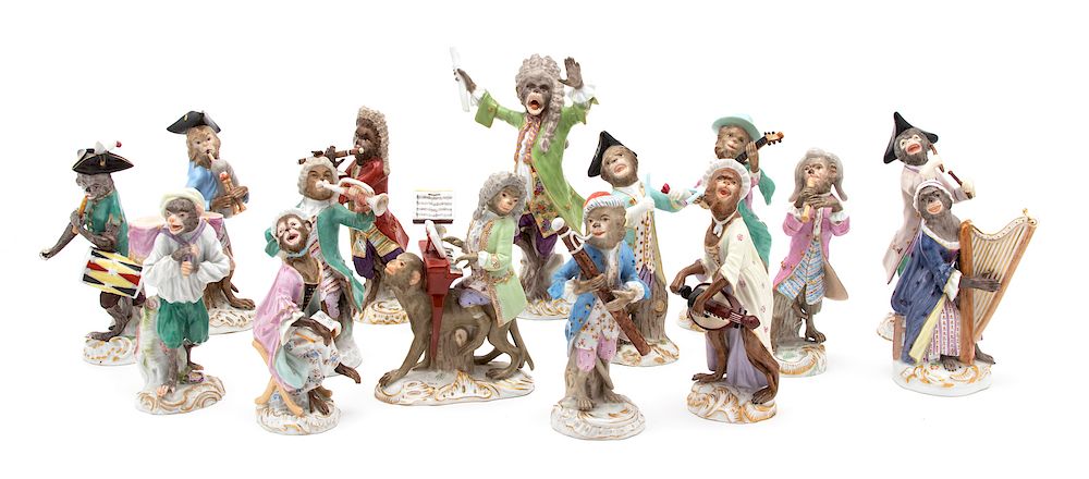 Appraisal: A Meissen Porcelain Fifteen-Piece Assembled Monkey Band A Meissen Porcelain