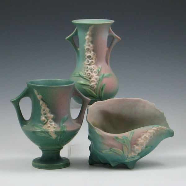 Appraisal: Roseville Foxglove Handled Vases and Conch left marked raised relief