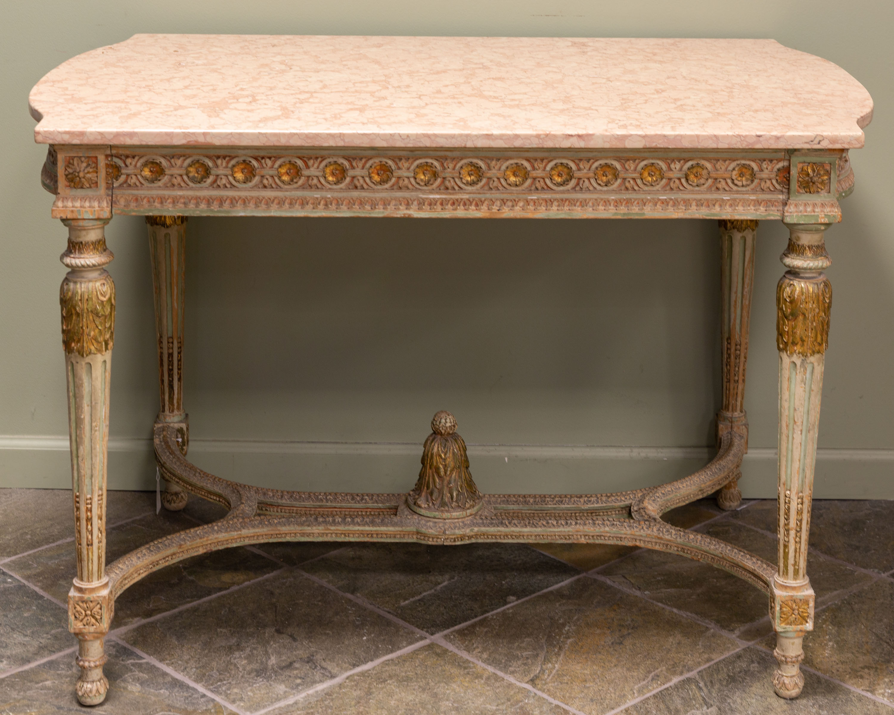 Appraisal: FRENCH CARVED AND GILTWOOD POLYCHROME CENTER TABLE WITH MARBLE TOP