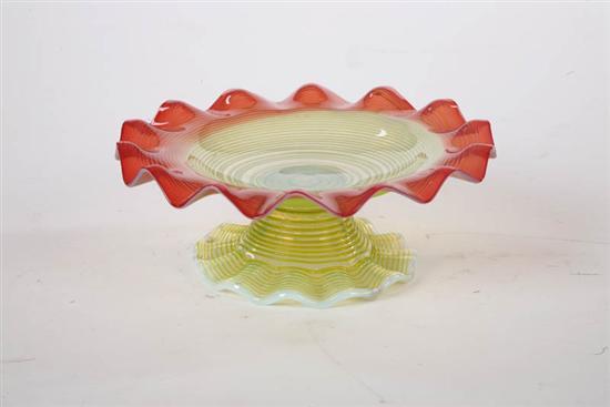 Appraisal: MINIATURE ART GLASS COMPOTE Opalescent glass with a cranberry ruffled