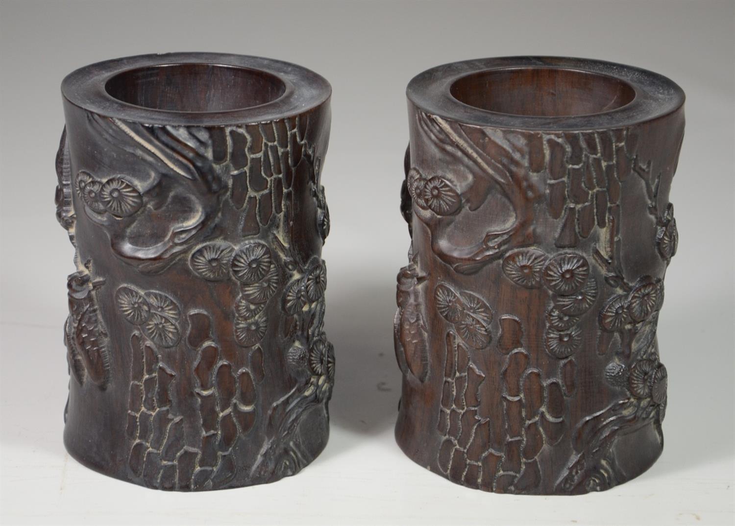 Appraisal: Pair of Chinese carved Zitan brush pots with pine tree