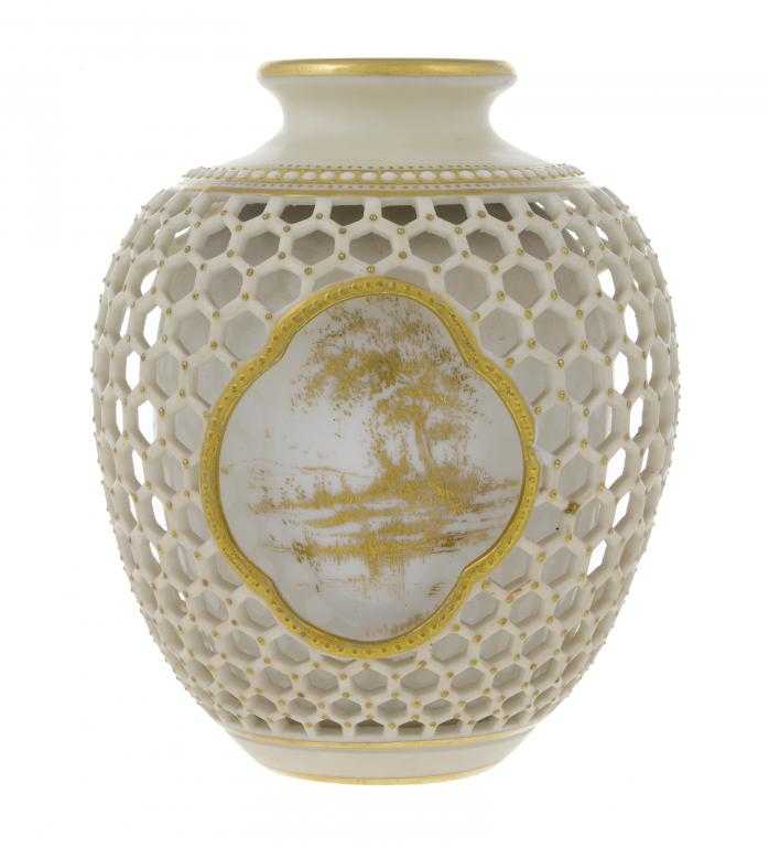 Appraisal: A ROYAL WORCESTER RETICULATED VASE finely gilt with three vignettes