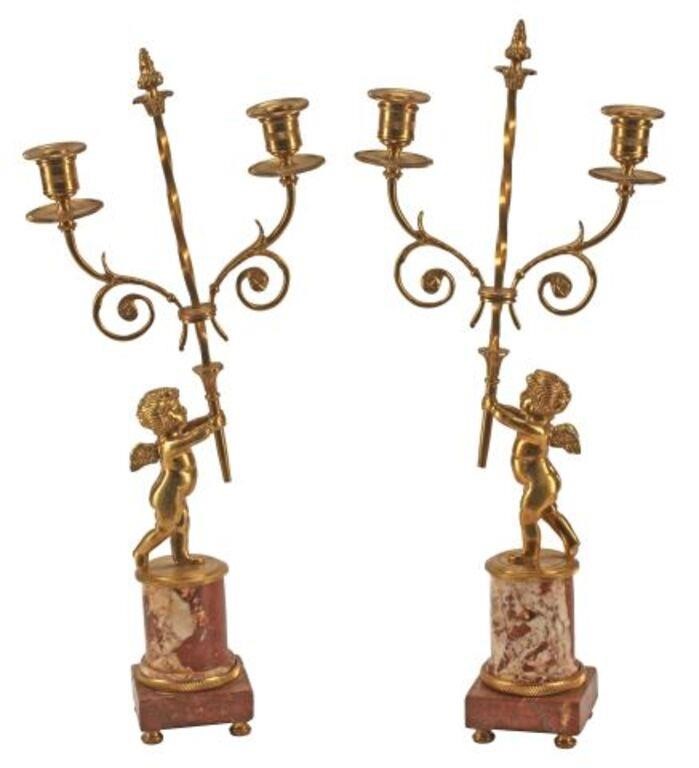 Appraisal: pair French bronze dore figural two-light candelabra on marble bases