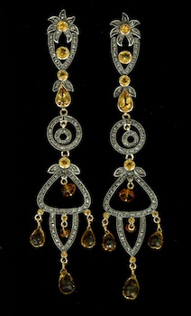 Appraisal: Georgian-Inspired Earrings with Diamonds and Citrines Extra long set fashioned