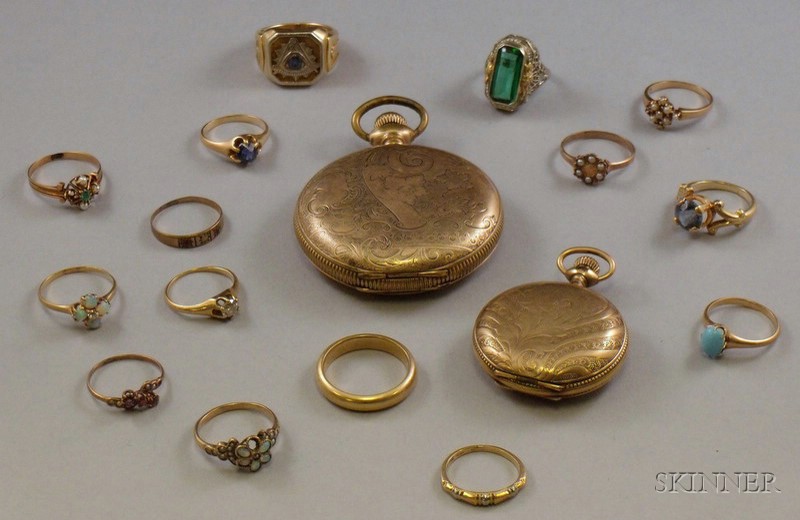 Appraisal: Fifteen Antique and Later Rings and Two Elgin Gold-filled Hunter