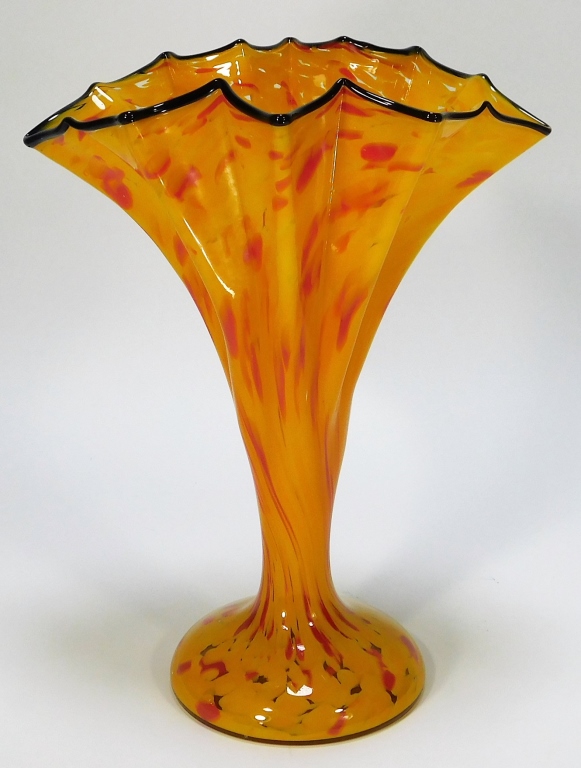 Appraisal: KRALIK BOHEMIAN CZECH SPLATTER ART GLASS FAN VASE Bohemia Early