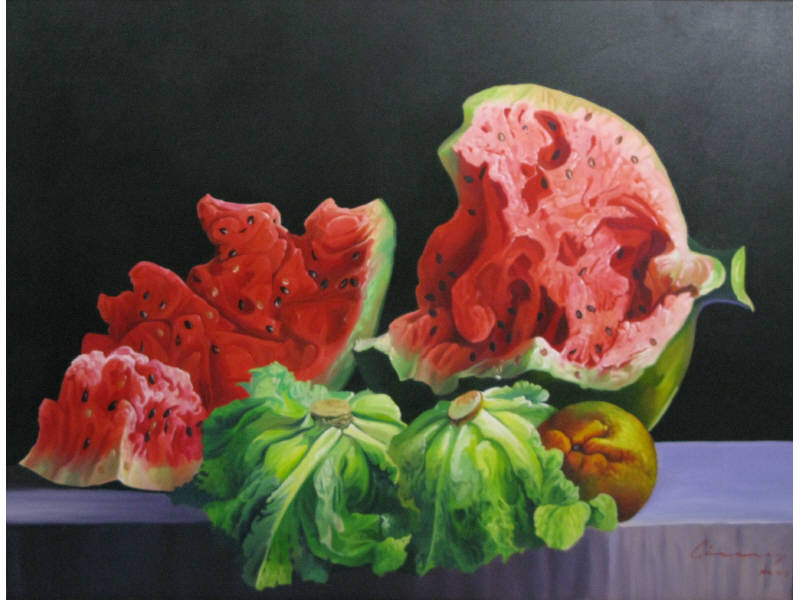 Appraisal: American School Still Life with Watermelon contemporary oil on canvas