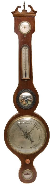 Appraisal: LATE GEORGIAN MAHOGANY WHEEL BAROMETER the banjo case with hygrometer