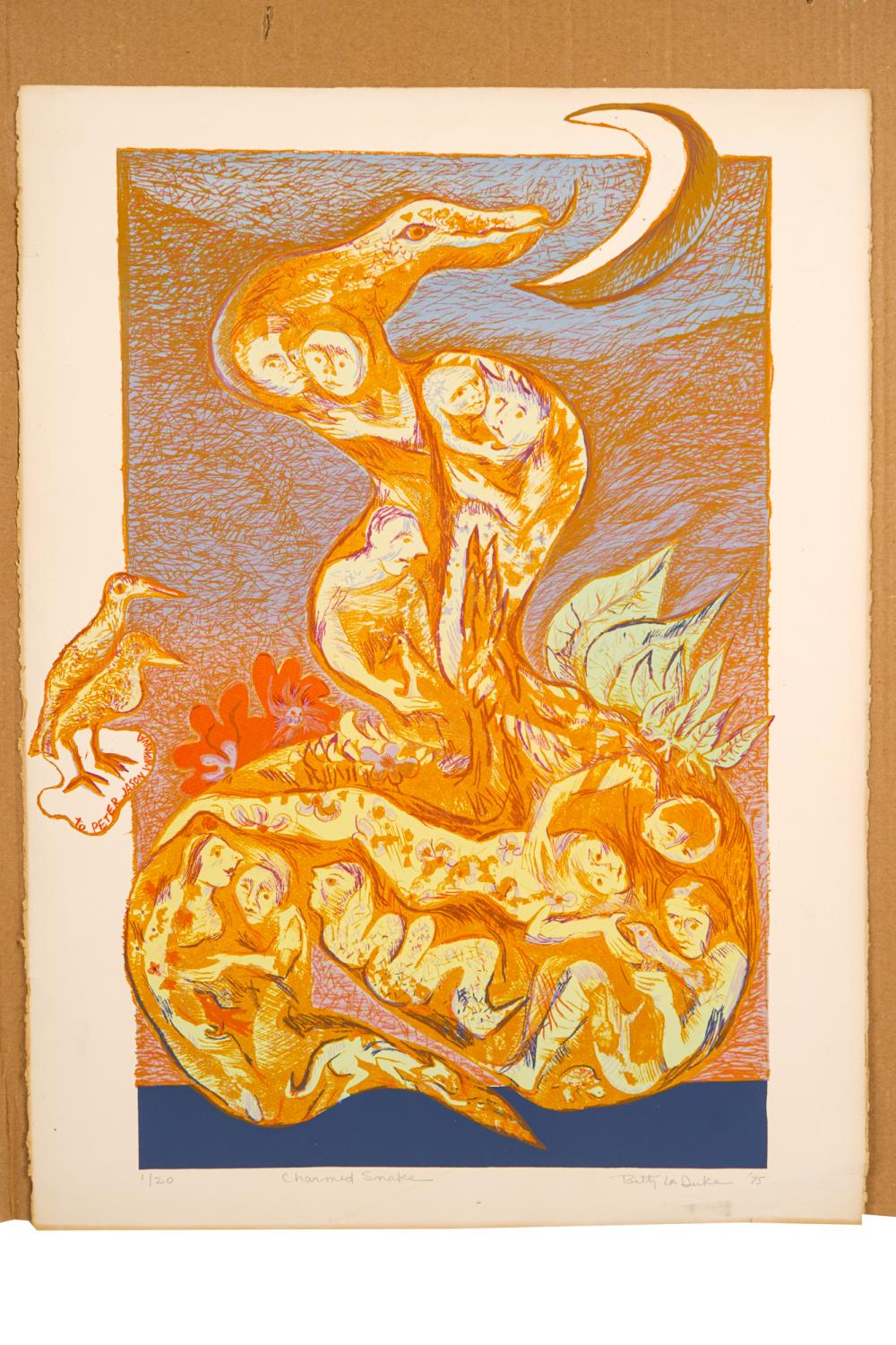 Appraisal: BETTY LA DUKE TH CENTURY CHARMED SNAKE serigraph pencil-signed numbered