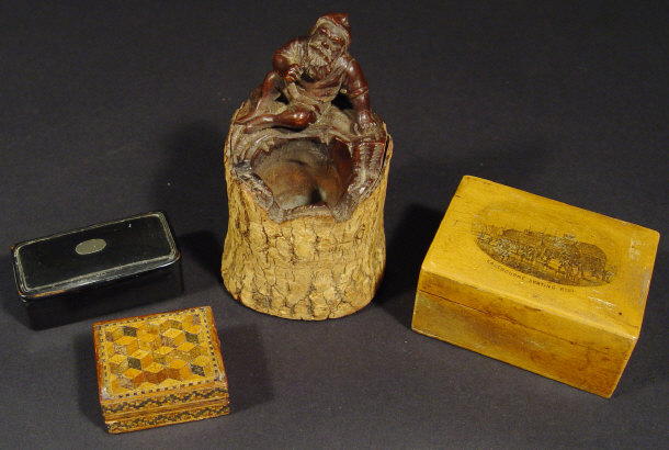 Appraisal: Four treen items comprising a small Tunbridgeware box with cube