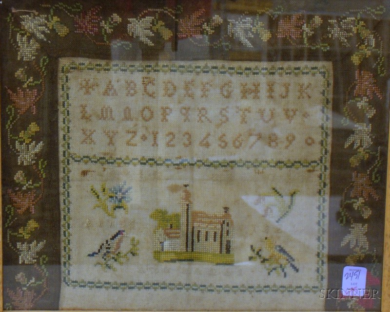 Appraisal: Framed French Cross-stitch Sampler lower register with birds and house