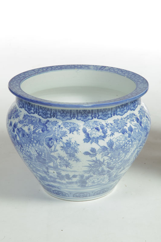 Appraisal: JARDINIERE Large blue and white Oriental style jardiniere with folded