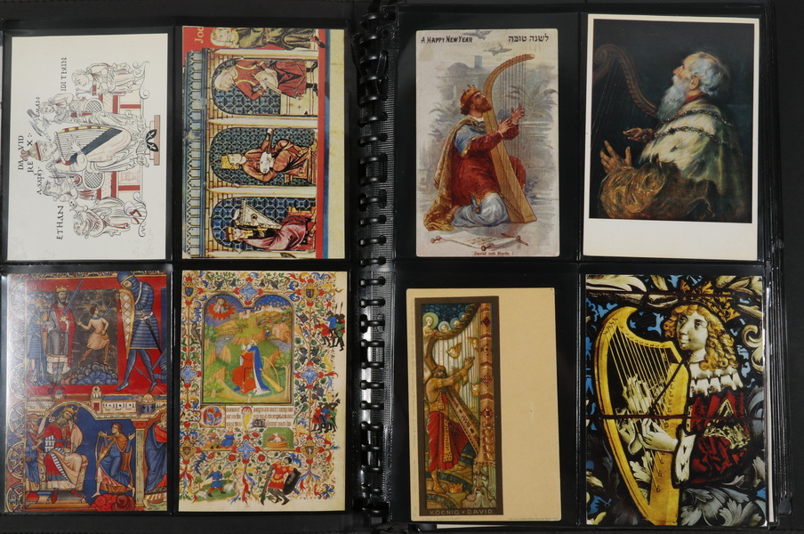 Appraisal: BINDER HARP THEMED POSTCARDS Postcards with Biblical Lovers Festival themes