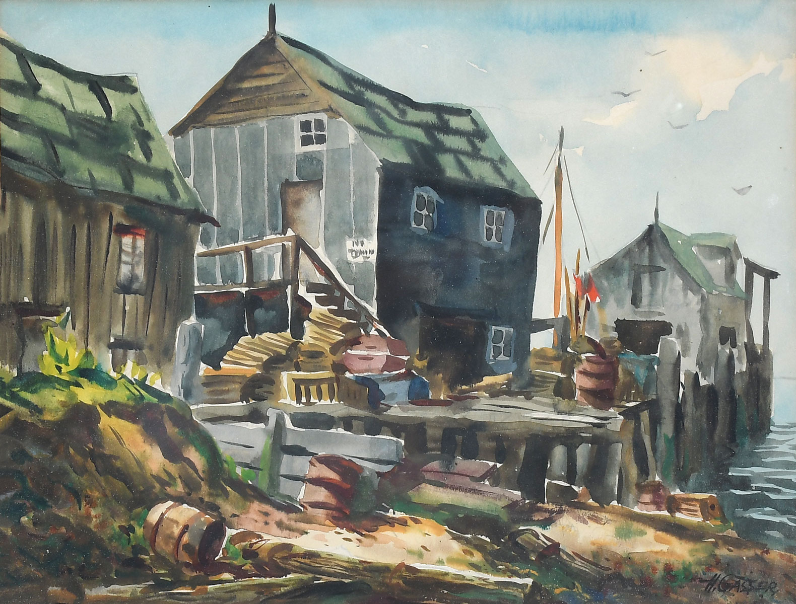 Appraisal: GASSER Henry American - Dockside Shacks Watercolor sight size ''