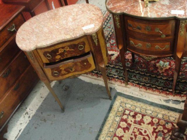 Appraisal: Louis XV Style Inlaid Marbletop End Tables Kidney shaped From