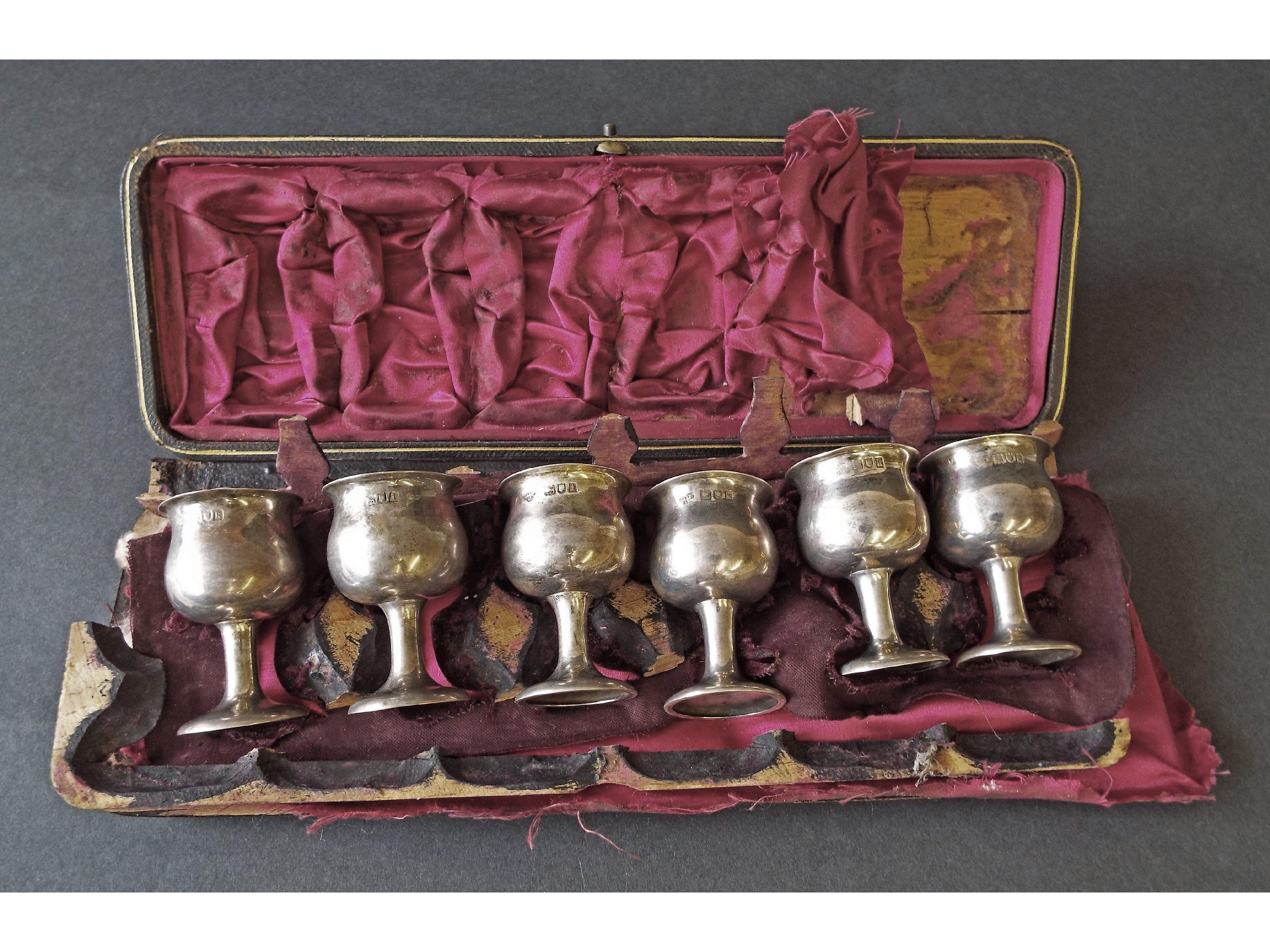 Appraisal: Set of six silver miniature wine goblets maker Goldsmith Silversmith