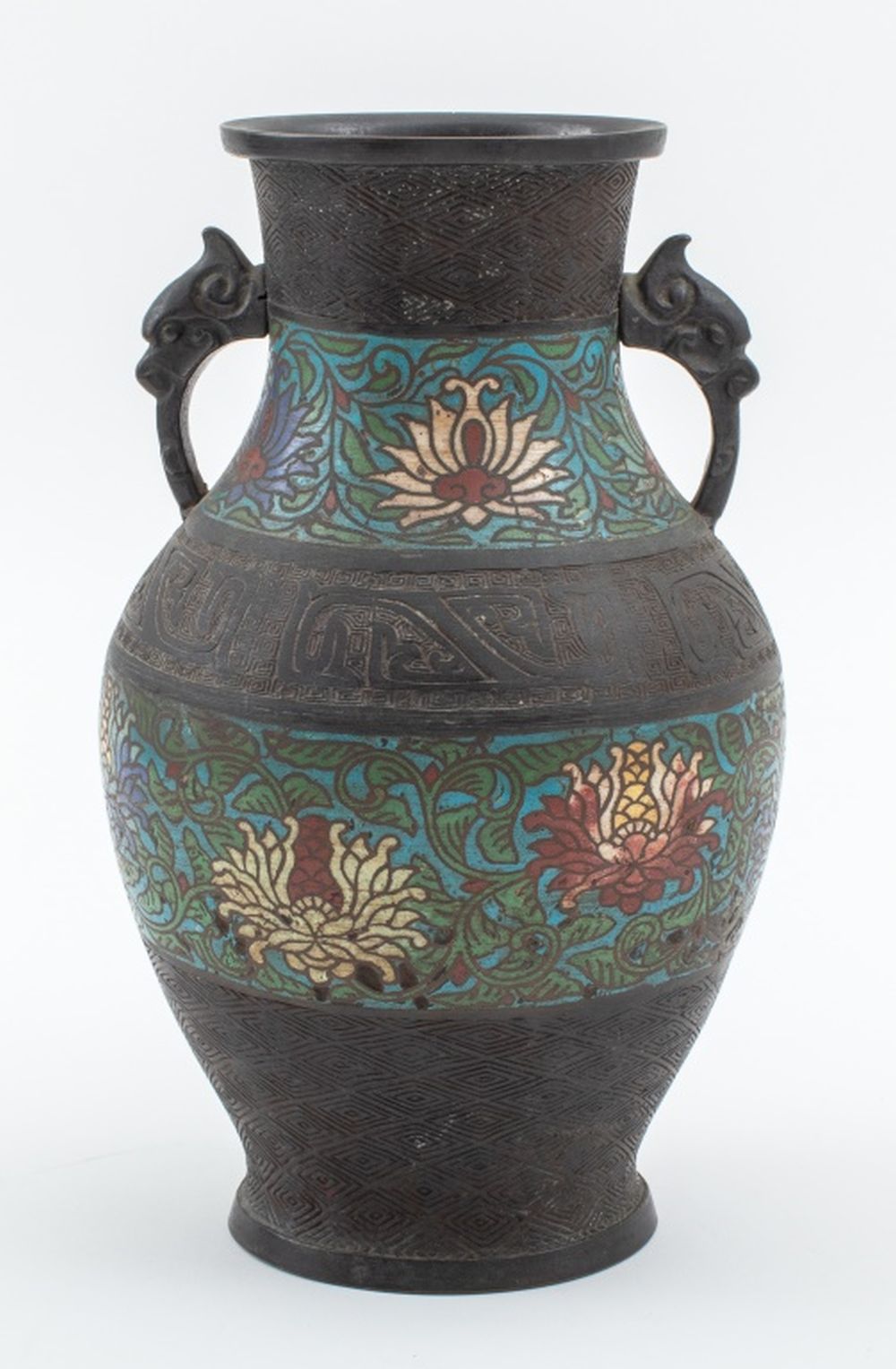 Appraisal: JAPANESE CHAMPLEVE BRONZE VASE WITH CHRYSANTHEMUMS Antique Japanese champleve patinated