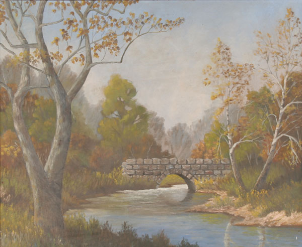 Appraisal: Stone bridge and flowing stream surrounded by fall foliage oil