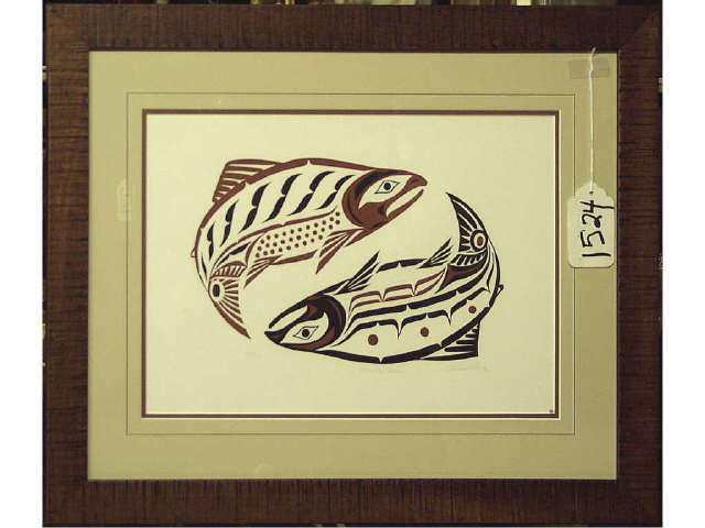 Appraisal: Original framed and matted artwork by Clarence Mills Spawning Salmon