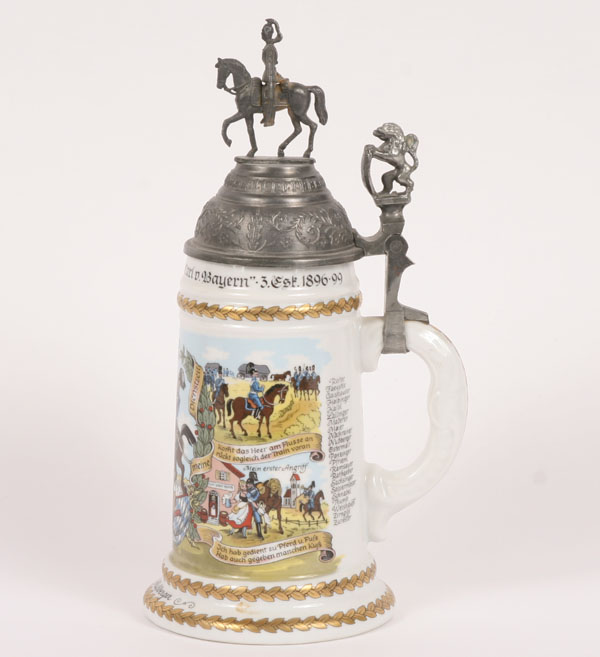 Appraisal: German porcelain lithophane regimental stein transfer scenes male and female