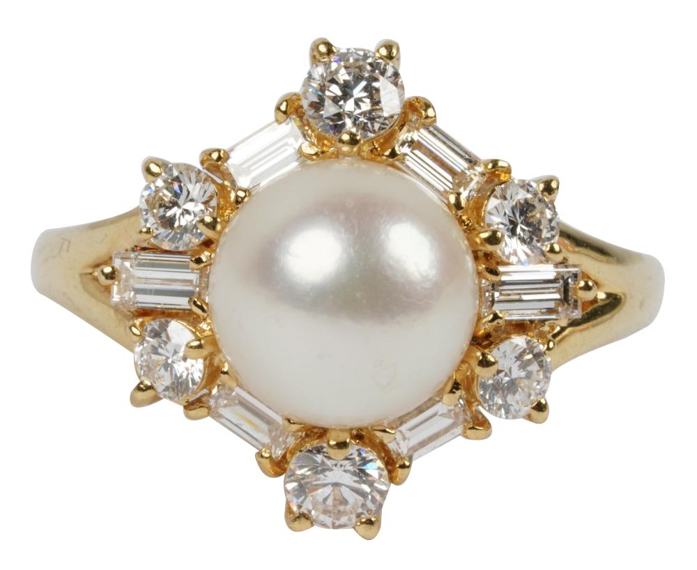 Appraisal: MIKIMOTO KARAT YELLOW GOLD DIAMOND CULTURED PEARL RINGcontaining full and