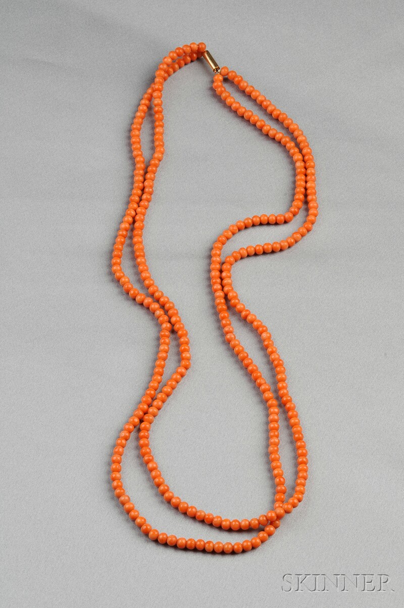 Appraisal: Coral Bead Necklace comprised of two strands of coral beads