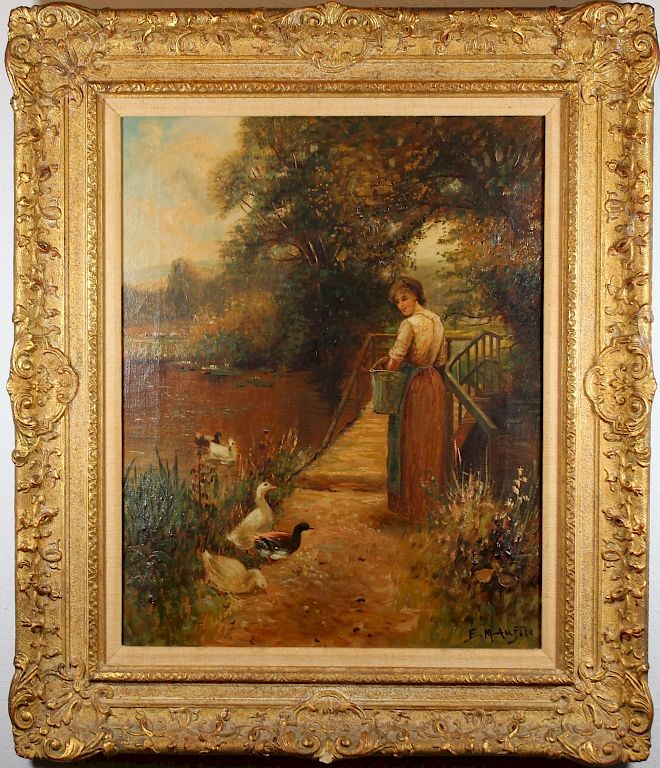 Appraisal: Signed th C Painting of Woman Feeding Ducks Signed th