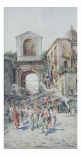 Appraisal: Italian Watercolor Street Entertainers Italian watercolor depicting street entertainers and